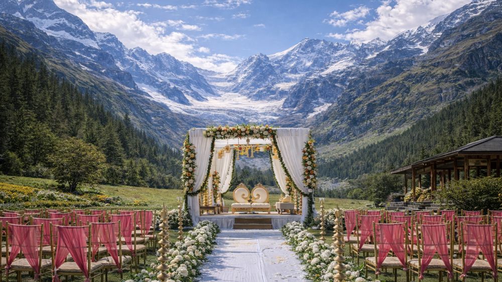 Lush lawns facing the Beas Kund Glacier wedding in manali